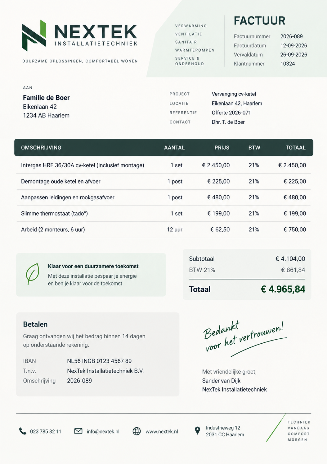 Voorbeeldfactuur in de huisstijl Nextek